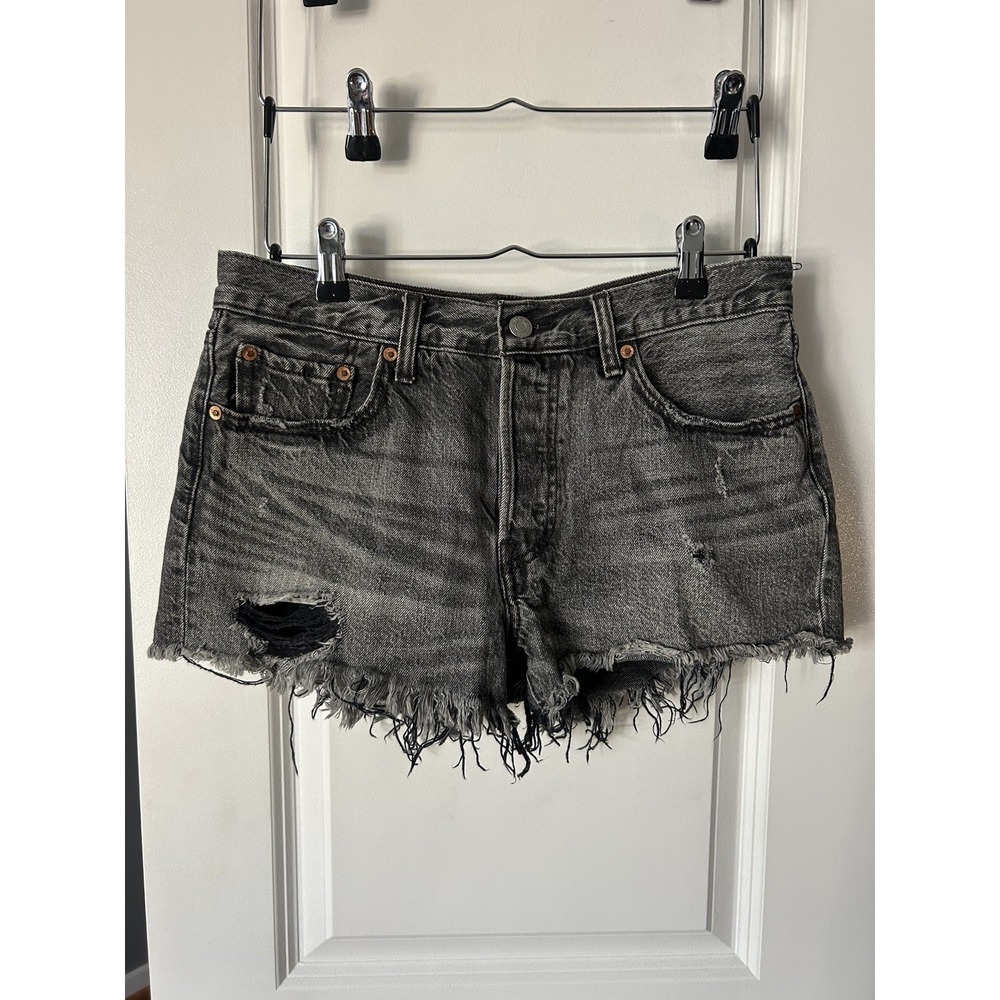 Levis 501 Denim Jean Shorts Distressed Cutoff Womens Size 28 Gray Button Fly